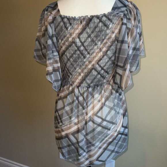 Reitmans brown black white plaid peasant bohemian shirt top flutter sleeve - Picture 5 of 11